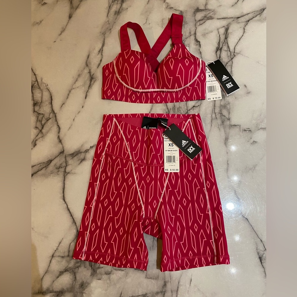 Adidas x Ivy Park Pink Monogram Sports Bra and Biking Short Set